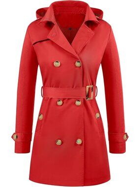 Women's Trench Coat Red Hooded Windbreaker Fashion Long Rain Jacket with Belt